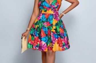 SOLERSUN Plus-Size Women’s Summer Loose Casual Sexy V-Neck Resort Style Tropical Floral Print Ruffled Layered Suspender Waist Dress, Summer Mini Dress, Vacation Destination, Summer Holiday Outfit, Resort Clothing