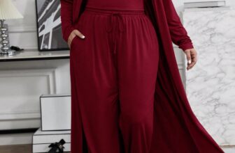 SHEIN LUNE 2pcs/Set Plus Size Solid Color Tank Top, Slanted Pocket Trousers And Open Front Coat Outerwear