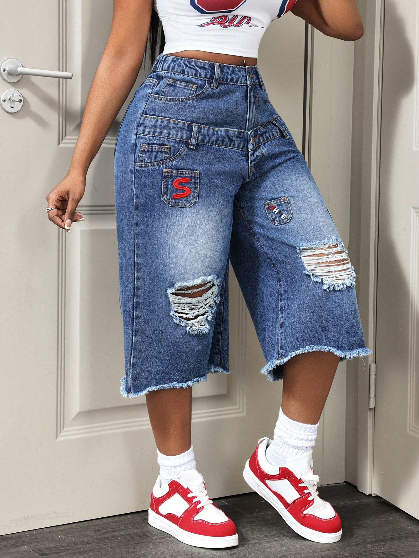 Women's Distressed Denim Bermuda Shorts – Mid-Waist Ripped Straight-Leg Jean Shorts - Image 3