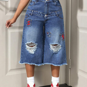 Women’s Distressed Denim Bermuda Shorts – Mid-Waist Ripped Straight-Leg Jean Shorts