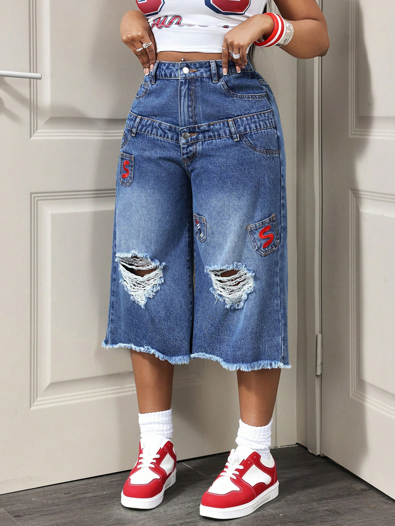 Women's Distressed Denim Bermuda Shorts – Mid-Waist Ripped Straight-Leg Jean Shorts - Image 4