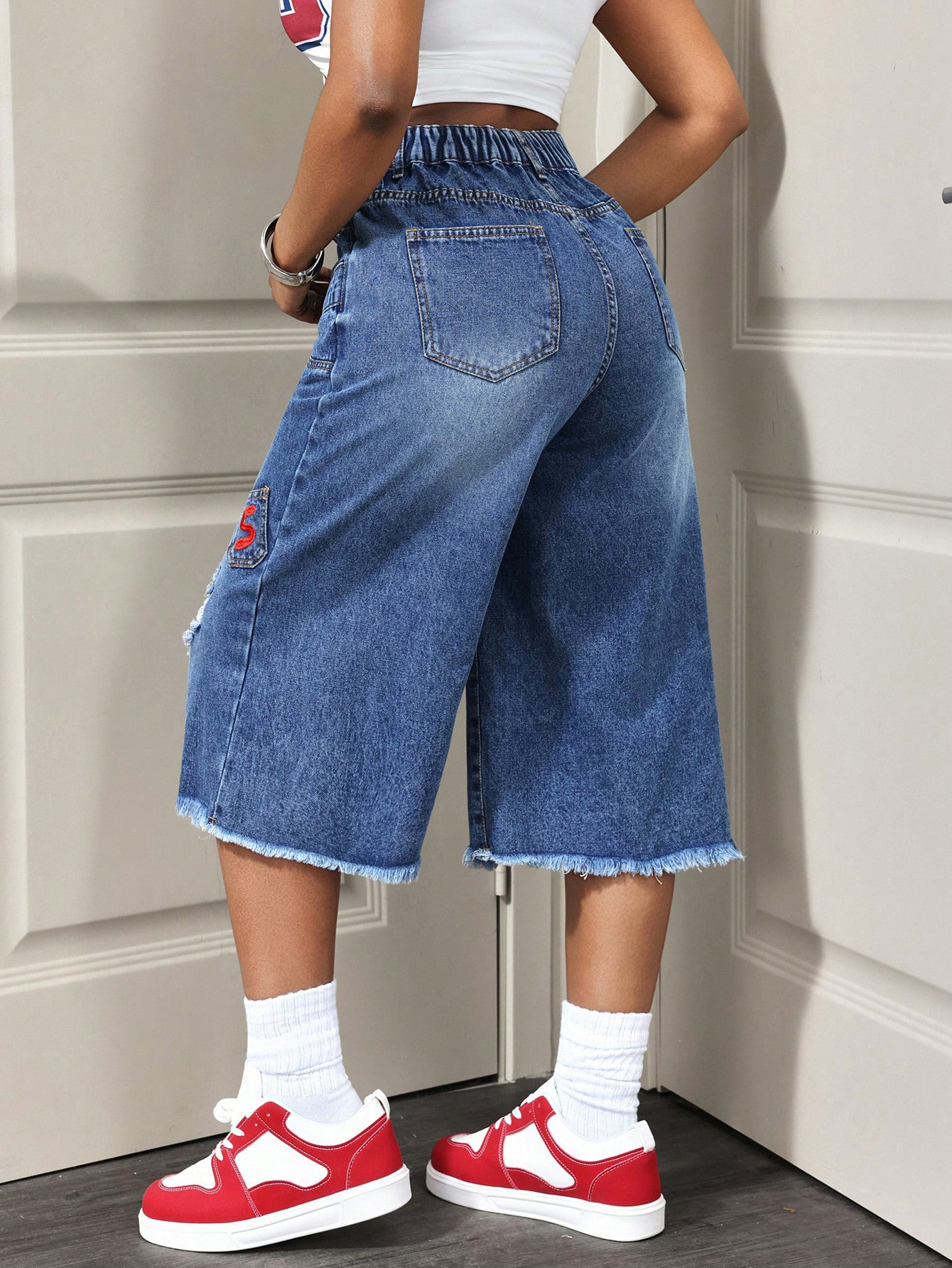 Women's Distressed Denim Bermuda Shorts – Mid-Waist Ripped Straight-Leg Jean Shorts - Image 2