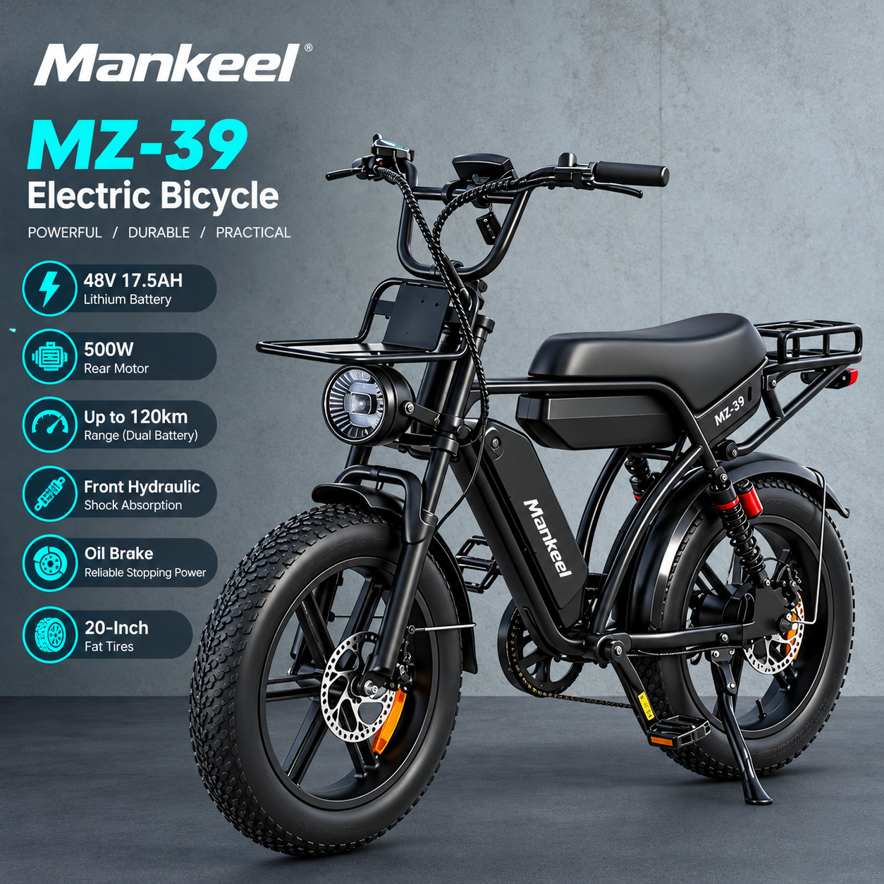 Mankeel MZ-39 black electric bicycle with wide tires, front suspension and rear cargo rack.